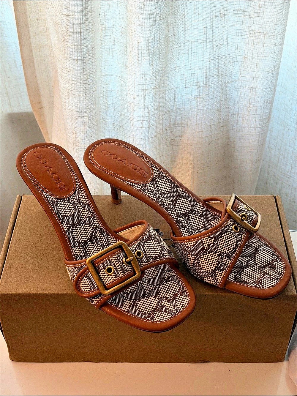 Coach Margot Buckle kitten Sandals in Brown & Tan